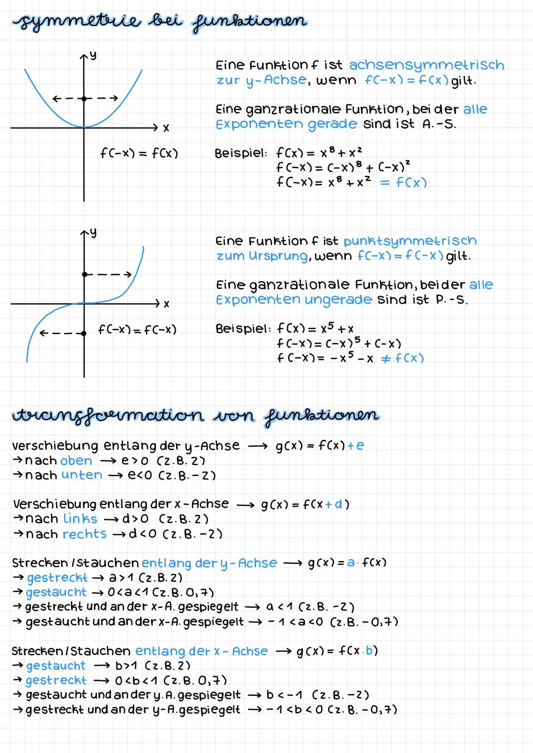 symmetrie bei funktionen
y
\-----/
2
→ X
f(-x) = f(x)
→x
f(-x) = f(-x)
Eine Funktion f ist achsensymmetrisch
zur y-Achse, wenn f(-x) = f(x) 