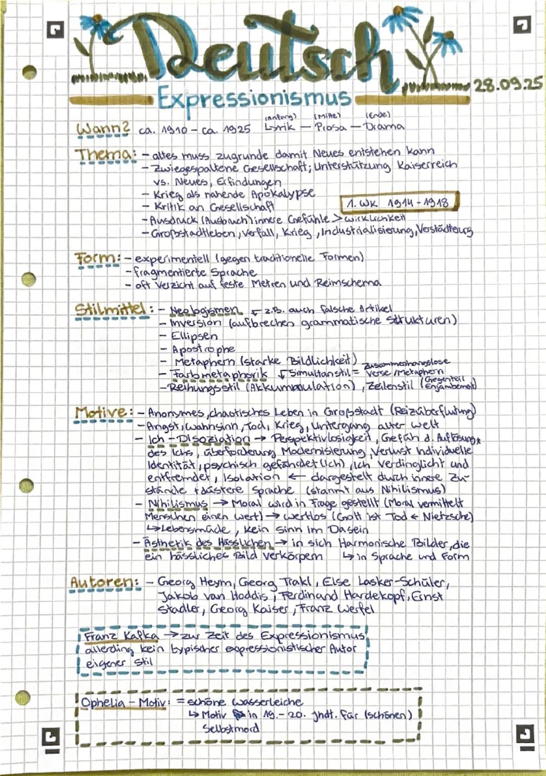 # Deutsch

Expressionismus

(anfang) (mitte) (ende)
Wann? ca. 1910-ca. 1925 Lyrik - Prosa-Drama

Thema: - alles muss zugrunde damit Neues en