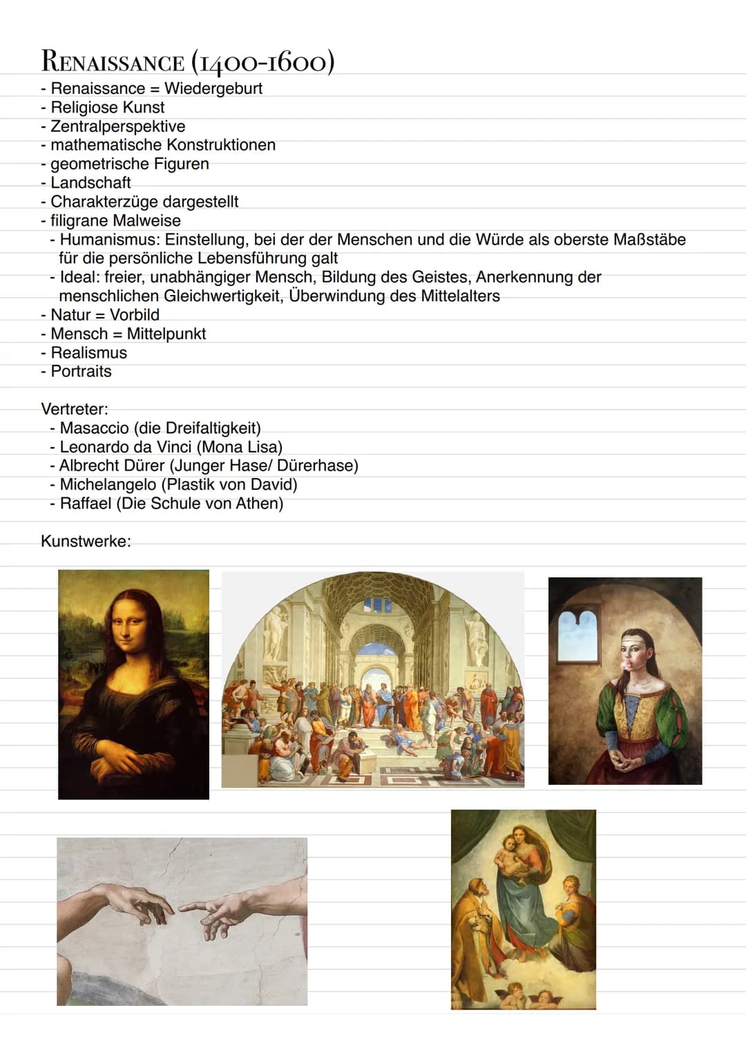 RENAISSANCE (1400-1600)
- Renaissance = Wiedergeburt
- Religiose Kunst
- Zentralperspektive
mathematische Konstruktionen
- geometrische Figu