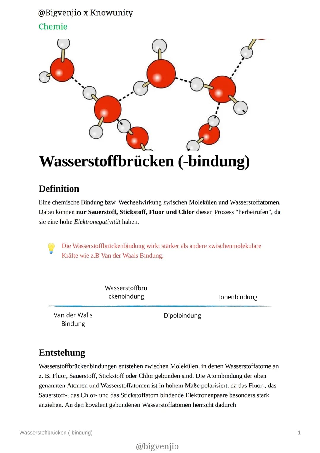 @Bigvenjio x Knowunity
Chemie
Wasserstoffbrücken (-bindung)
Definition
Eine chemische Bindung bzw. Wechselwirkung zwischen Molekülen und Was
