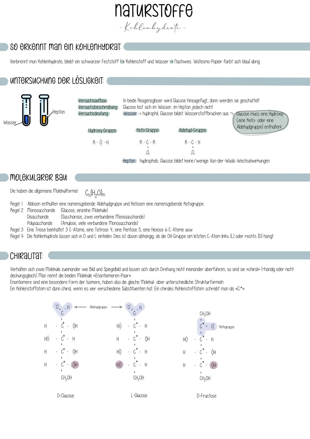 Monosaccharide:
Hexose (Zucker mit 6 C- Atomen)
- ose -> Zucker
Glucose
Traubenzucker
Summen formel: C6H12O6
Aldose
H
H - COH
H-
I
он - с - 