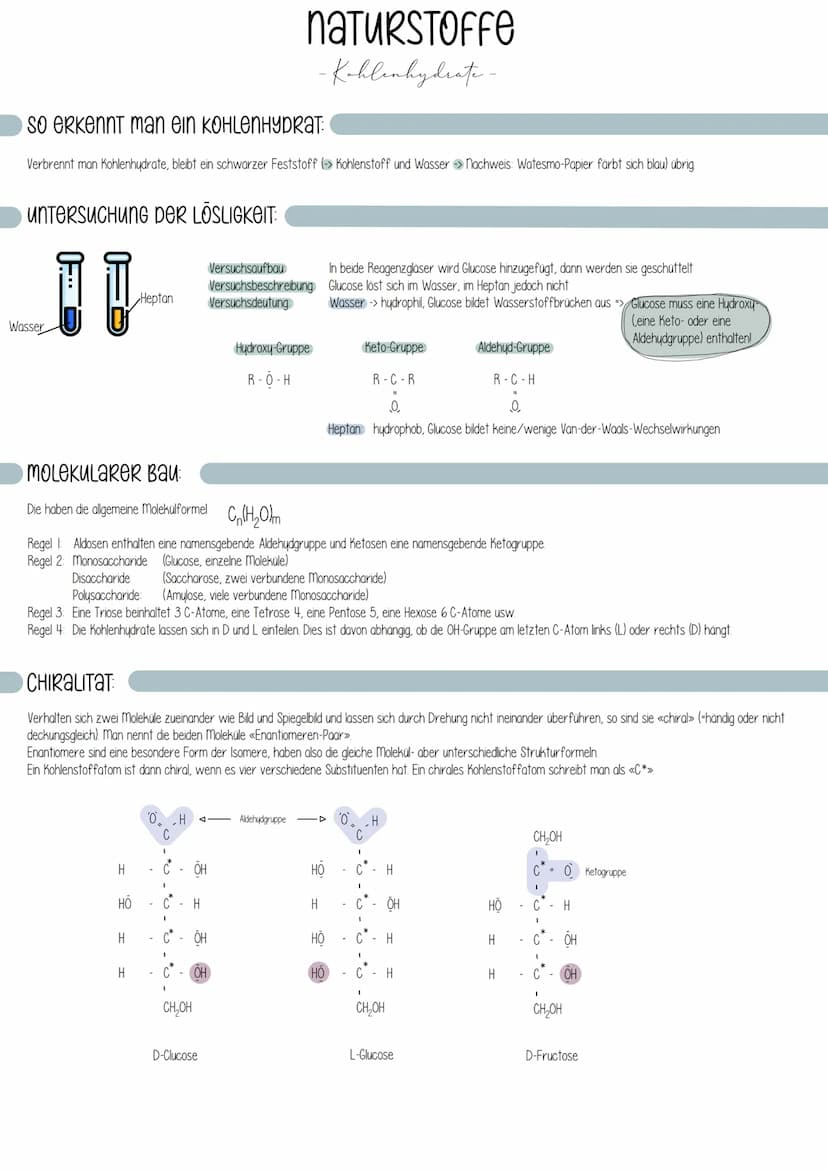 Monosaccharide:
Hexose (Zucker mit 6 C- Atomen)
- ose -> Zucker
Glucose
Traubenzucker
Summen formel: C6H12O6
Aldose
H
H - COH
H-
I
он - с - 