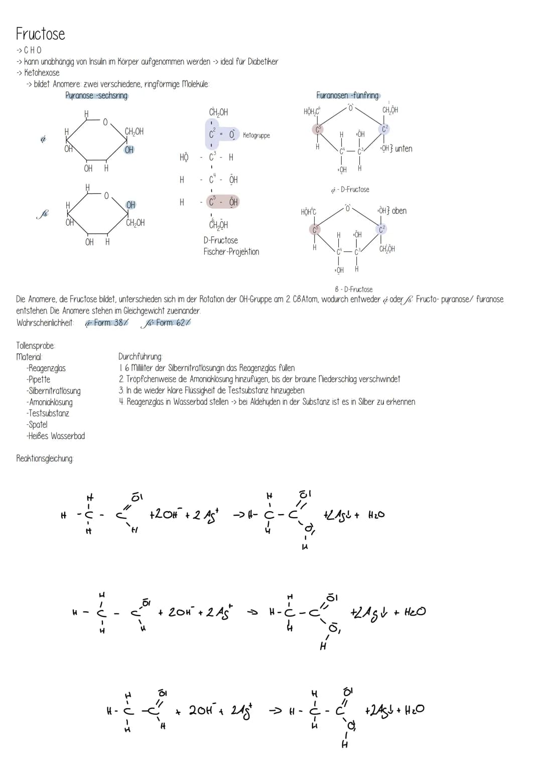 Monosaccharide:
Hexose (Zucker mit 6 C- Atomen)
- ose -> Zucker
Glucose
Traubenzucker
Summen formel: C6H12O6
Aldose
H
H - COH
H-
I
он - с - 