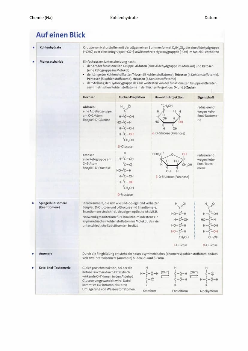 Monosaccharide:
Hexose (Zucker mit 6 C- Atomen)
- ose -> Zucker
Glucose
Traubenzucker
Summen formel: C6H12O6
Aldose
H
H - COH
H-
I
он - с - 