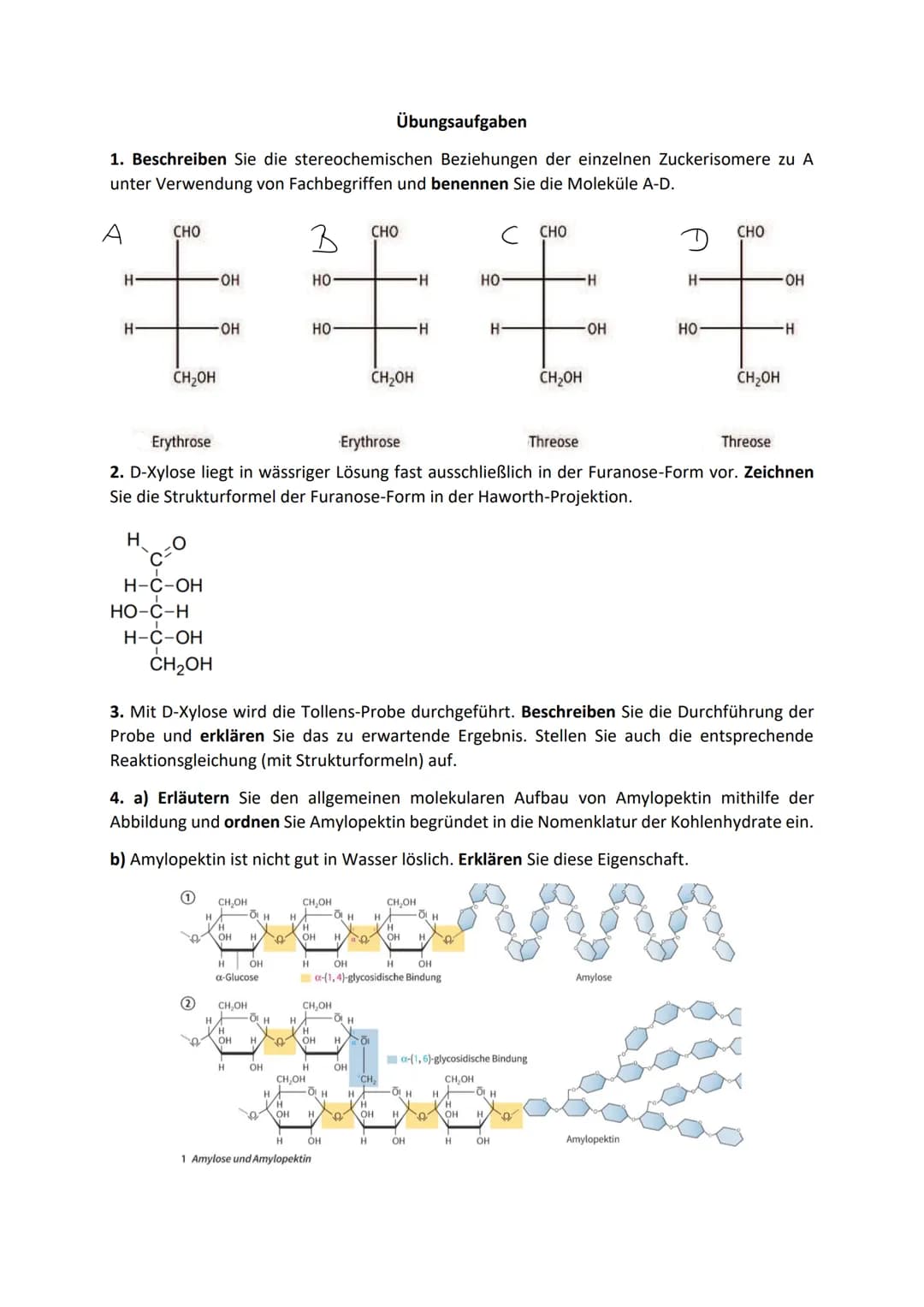 Monosaccharide:
Hexose (Zucker mit 6 C- Atomen)
- ose -> Zucker
Glucose
Traubenzucker
Summen formel: C6H12O6
Aldose
H
H - COH
H-
I
он - с - 