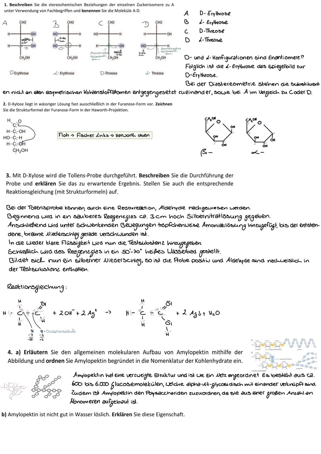 Monosaccharide:
Hexose (Zucker mit 6 C- Atomen)
- ose -> Zucker
Glucose
Traubenzucker
Summen formel: C6H12O6
Aldose
H
H - COH
H-
I
он - с - 