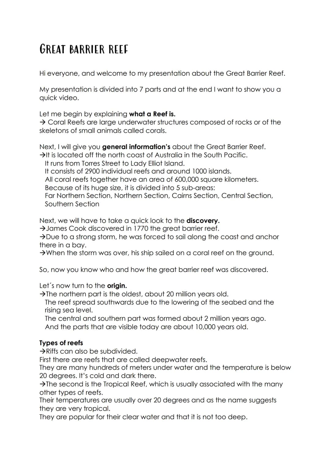 GREAT BARRIER REEF
Hi everyone, and welcome to my presentation about the Great Barrier Reef.
My presentation is divided into 7 parts and at 