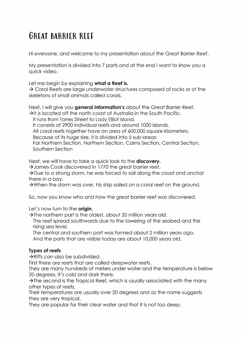 GREAT BARRIER REEF
Hi everyone, and welcome to my presentation about the Great Barrier Reef.
My presentation is divided into 7 parts and at 