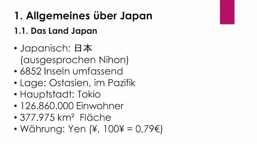 Japan
B (Nihon)
Von Celine D. Inhaltsverzeichnis:
1. Allgemeines über Japan
1.1. Das Land Japan
1.2. Die japanische Flagge
1.3. Die Entdecku
