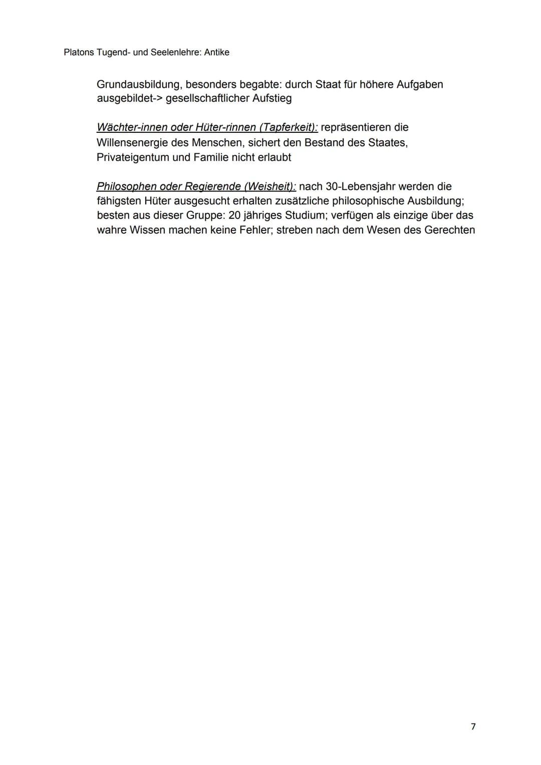 Platons Tugend- und Seelenlehre: Antike
Tugend- und Seelenlehre nach Platon
1. Platons Politeia (viertes Buch):
●
2. Tugenden:
„Der Staat" (