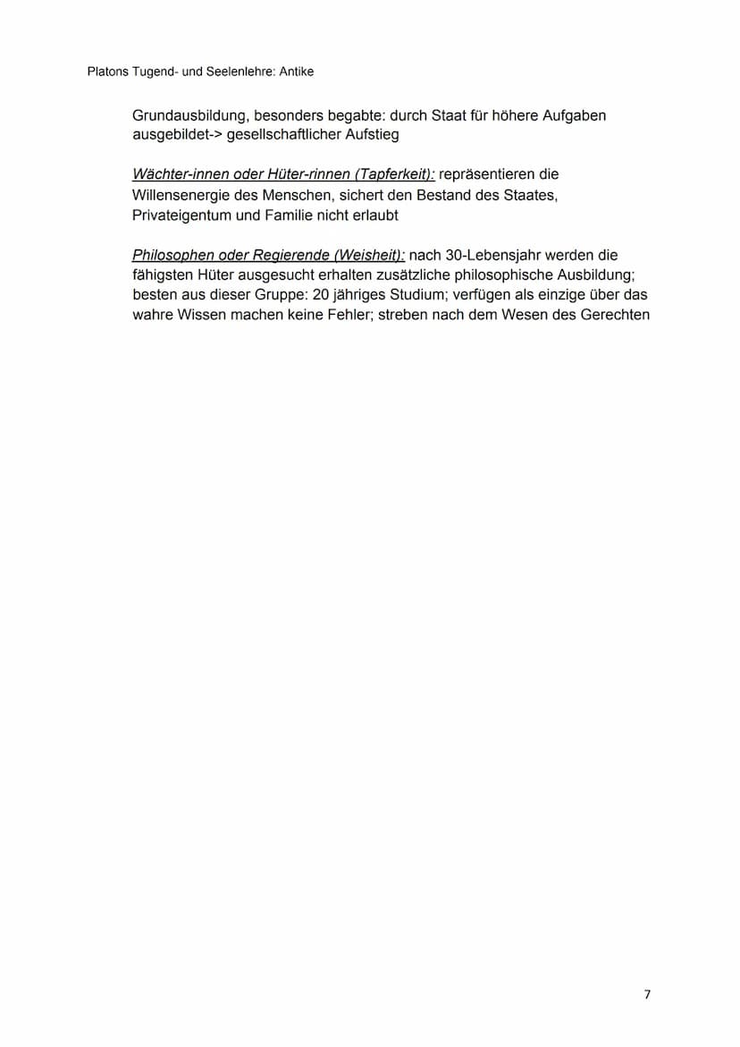 Platons Tugend- und Seelenlehre: Antike
Tugend- und Seelenlehre nach Platon
1. Platons Politeia (viertes Buch):
●
2. Tugenden:
„Der Staat" (