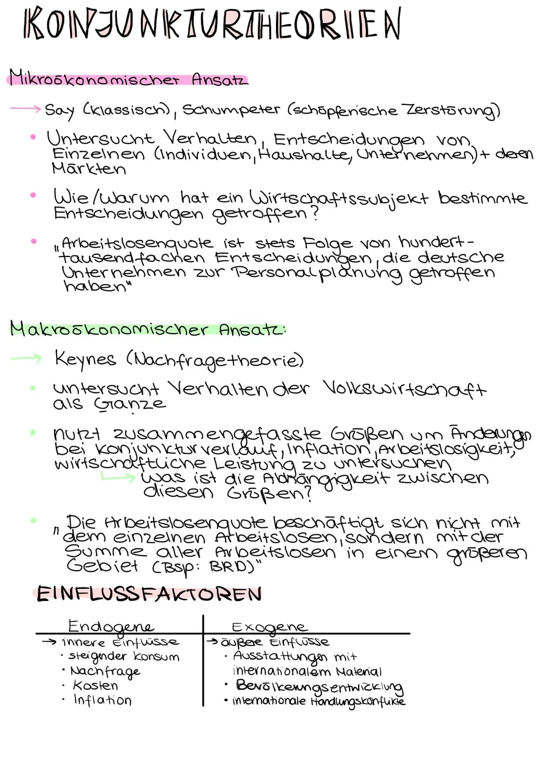 KONJUNKTURTHEORIEN
Mikroökonomischer Ansatz
Say (klassisch), Schumpeter (schöpferische Zerstörung)
Untersucht Verhalten, Entscheidungen von.