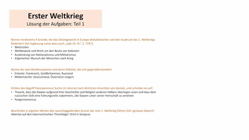 Erster Weltkrieg
(1914-1918)
Kriegsgründe
●
Wettrüsten
Wettbewerb und Streit um den Besitz von Kolonien
Ausbreitender Nationalismus und Mili