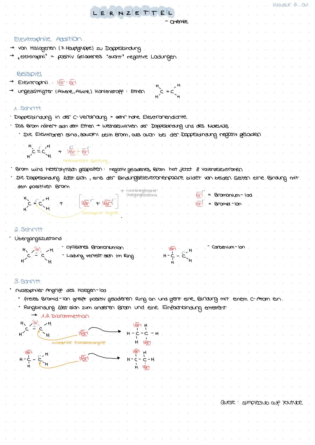 Elektrophile Addition.
→ von Halogenen (7. Hauptgruppe) zu Doppelbindung
elentrophil" positiv. Geladenes "sucht" negative Ladungen
Beispiel
