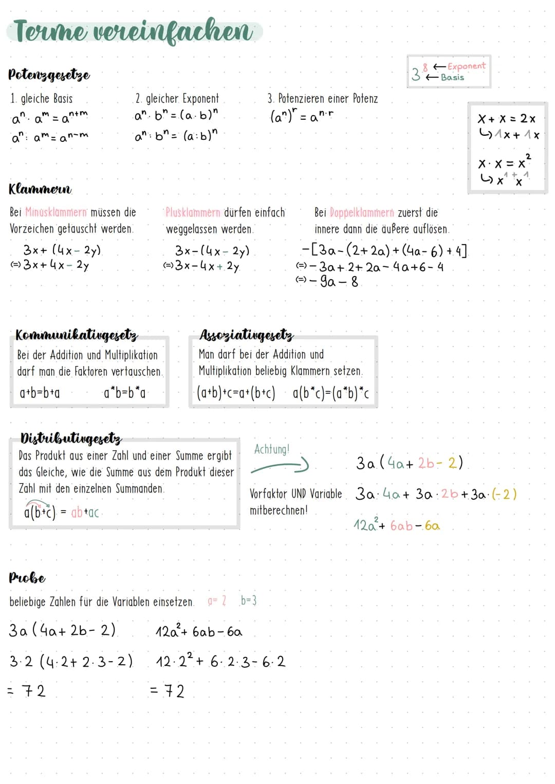 Terme vereinfachen
Potenzgesetze
1. gleiche Basis
an amantm
an aman-
2. gleicher Exponent
·a". bh= (a. b)"
an: bn = (a: b)"
Klammern
Bei Min