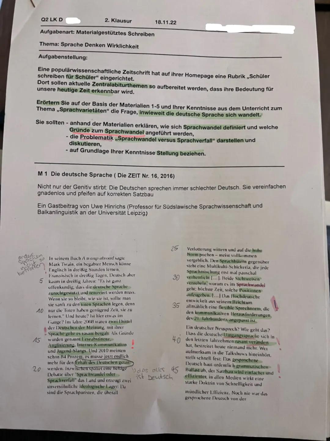 Q2 LK D
Aufgabenart: Materialgestütztes Schreiben
Thema: Sprache Denken Wirklichkeit
betrof
Aufgabenstellung:
2. Klausur
Eine populärwissens