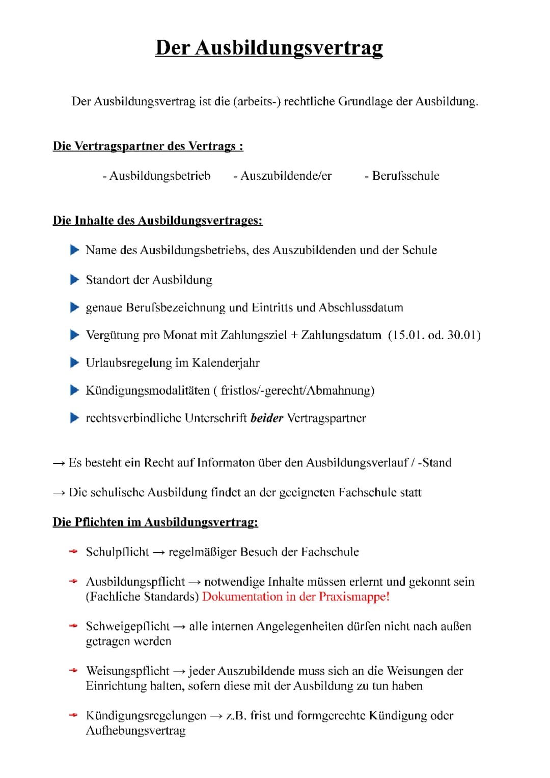 Ausbildungsvertrag Grundsätze