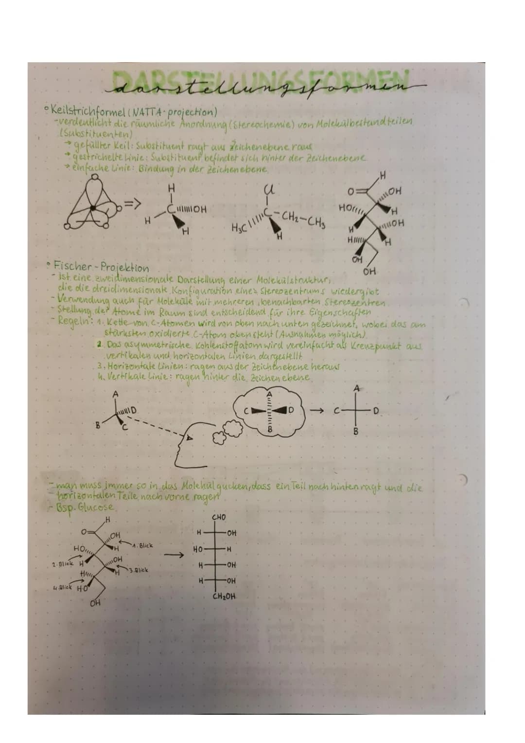 darstellungsformen
• Keilstrichformel (NATTA-projection)
-verdentlicht die räumliche Anordnung (Stereochemie) von Molekulbestandteilen.
(Sub
