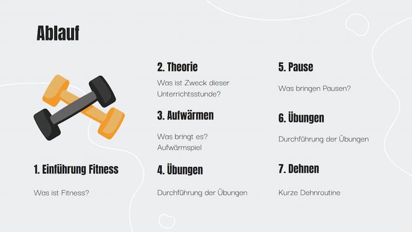 Zirkeltraining-
Kraftausdauer-Workout
Von Franz, Luis und Freddy
Q2 SP-GK4
0 Ablauf
1. Einführung Fitness
Was ist Fitness?
2. Theorie
Was is