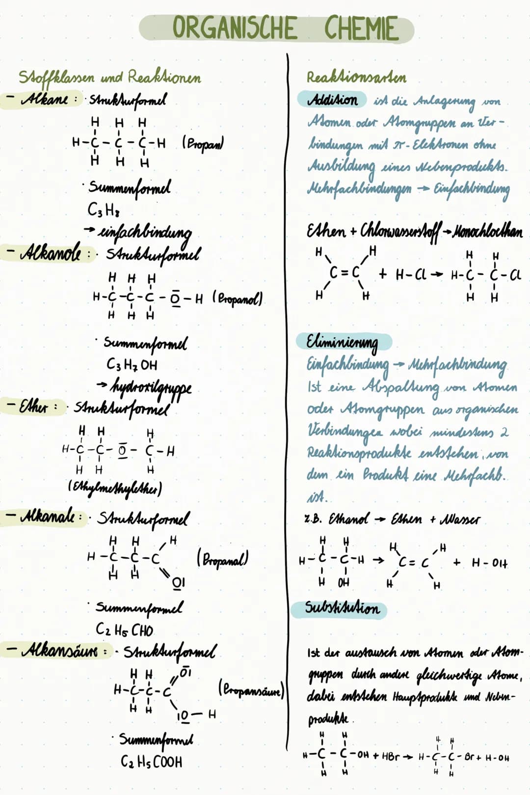 Stoffklassen und Reaktionen
- Alkane · Strukturformel
H H H
1
H-C-C-C-H (Propan)
H H H
• Summenformel
C3H8
• einfachbindung
Alkanole: Strukt