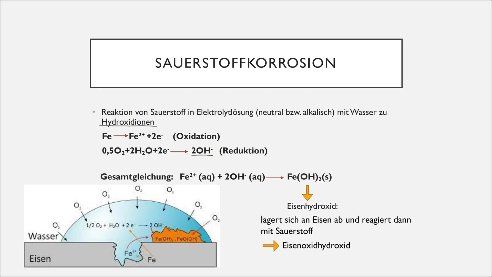 KORROSION UND
KORROSIONSSCHUTZ ●
●
ROST
Allgemein: stoffliche Veränderung oder Zersetzung von Metall
Reaktion von Wasser und Sauerstoff
Salz