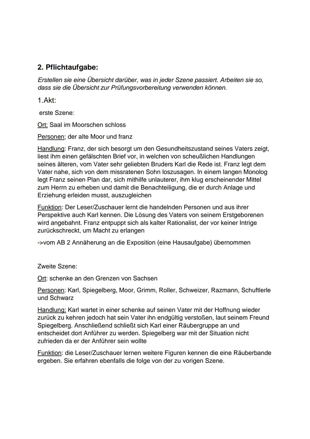 2. Pflichtaufgabe:
Erstellen sie eine Übersicht darüber, was in jeder Szene passiert. Arbeiten sie so,
dass sie die Übersicht zur Prüfungsvo