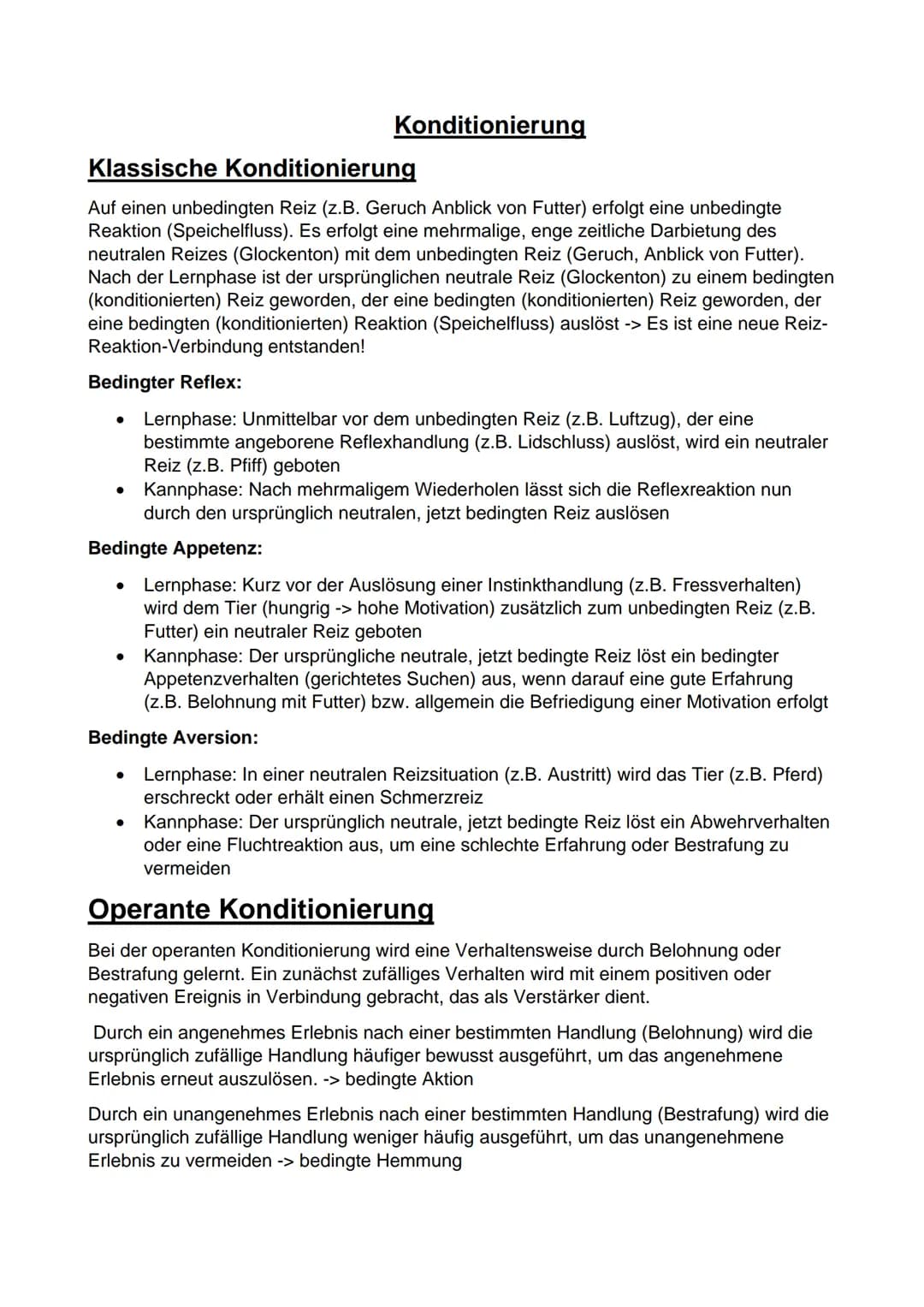 Konditionierung
Klassische Konditionierung
Auf einen unbedingten Reiz (z.B. Geruch Anblick von Futter) erfolgt eine unbedingte
Reaktion (Spe