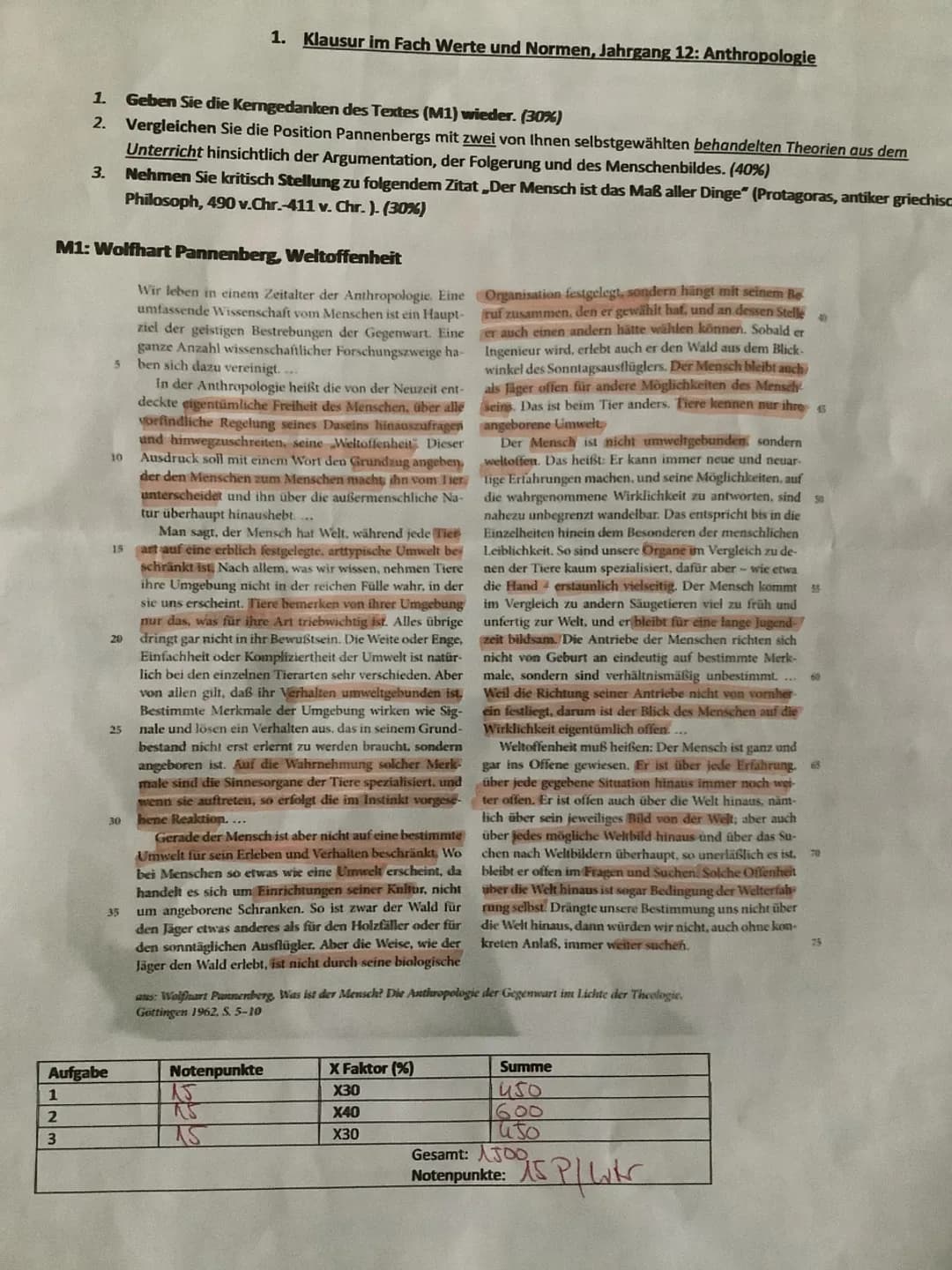 1.
Geben Sie die Kerngedanken des Textes (M1) wieder. (30%)
2. Vergleichen Sie die Position Pannenbergs mit zwei von Ihnen selbstgewählten b