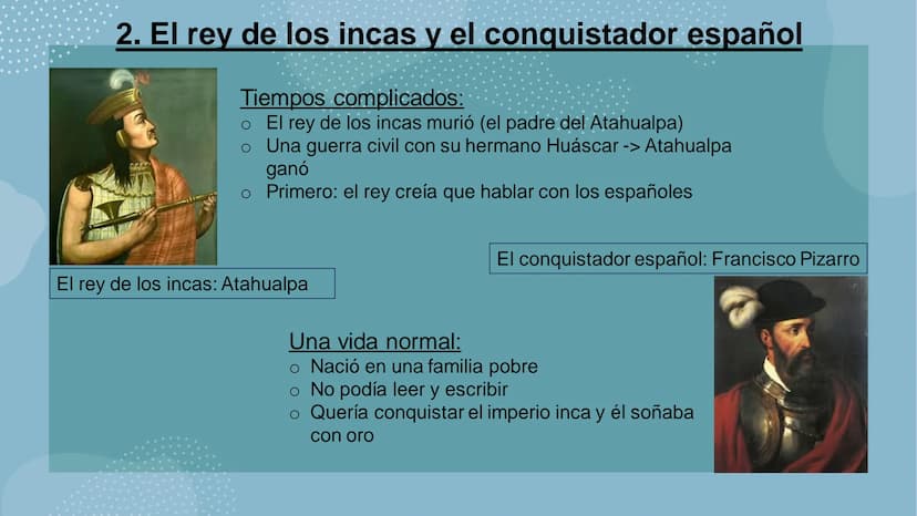 EL FINAL DEL IMPERIO INCA
Julia S.
DEPAVIENIYINIO AS
35
ooooo 5. La profecía
6. El final
4. El
comienzo de
la guerra
La estructura
1. El imp