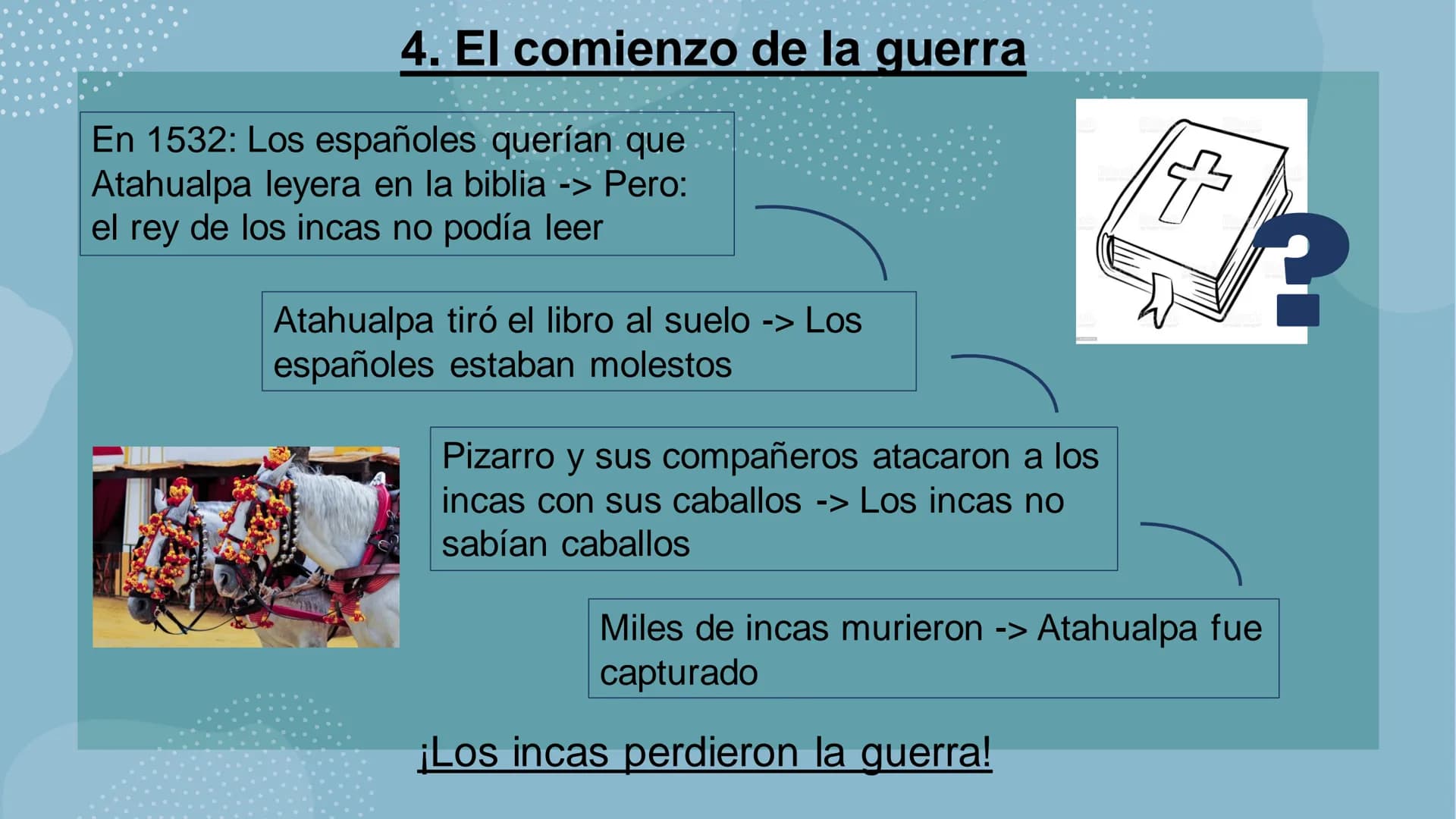 EL FINAL DEL IMPERIO INCA
Julia S.
DEPAVIENIYINIO AS
35
ooooo 5. La profecía
6. El final
4. El
comienzo de
la guerra
La estructura
1. El imp