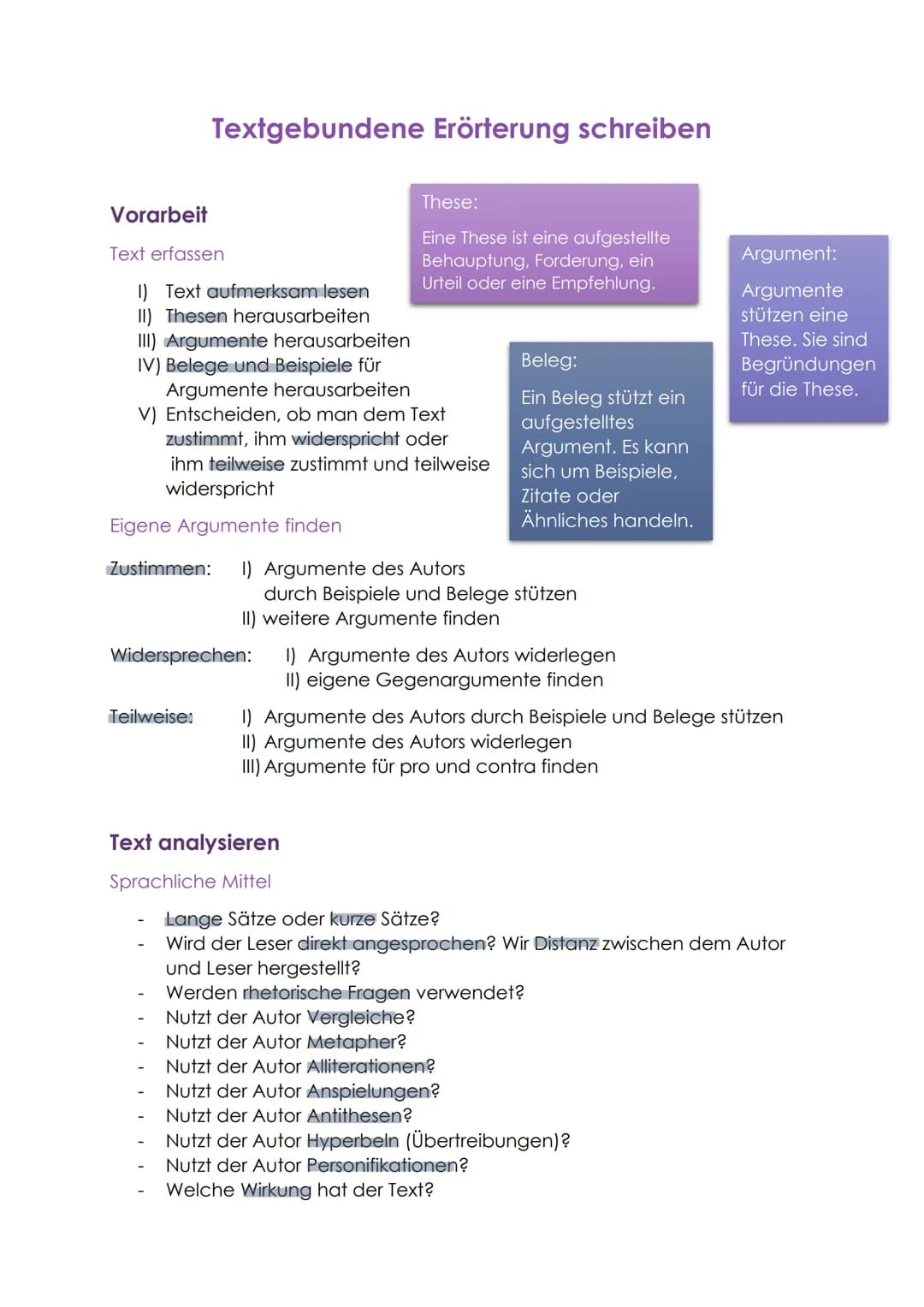 Vorarbeit
Textgebundene Erörterung schreiben
Text erfassen
1) Text aufmerksam lesen
II) Thesen herausarbeiten
III) Argumente herausarbeiten

