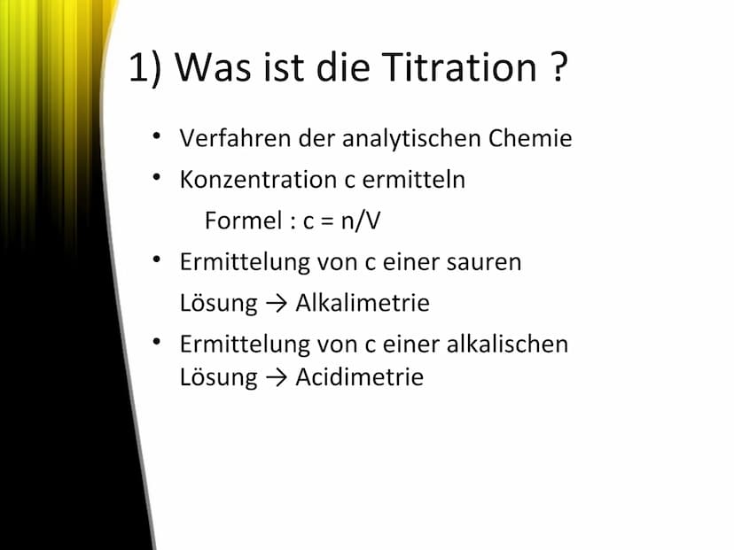 Titration
Schriftliche Ausarbeitung zur GFS: Titration 1) Einleitung
2) Durchführung
Inhaltsverzeichnis
2.1 Versuchsaufbau
2.2 Versuchsdurch