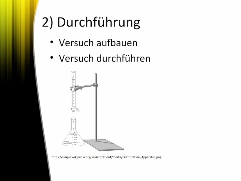Titration
Schriftliche Ausarbeitung zur GFS: Titration 1) Einleitung
2) Durchführung
Inhaltsverzeichnis
2.1 Versuchsaufbau
2.2 Versuchsdurch