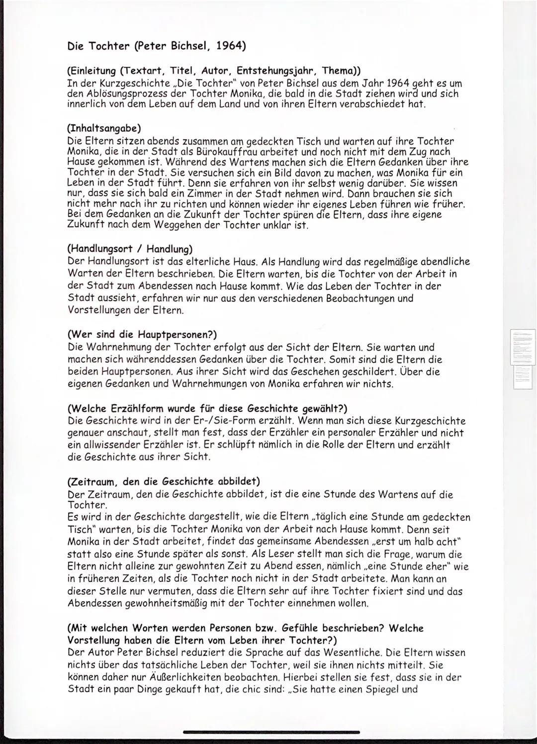 Die Tochter (Peter Bichsel, 1964)
(Einleitung (Textart, Titel, Autor, Entstehungsjahr, Thema))
In der Kurzgeschichte Die Tochter" von Peter 
