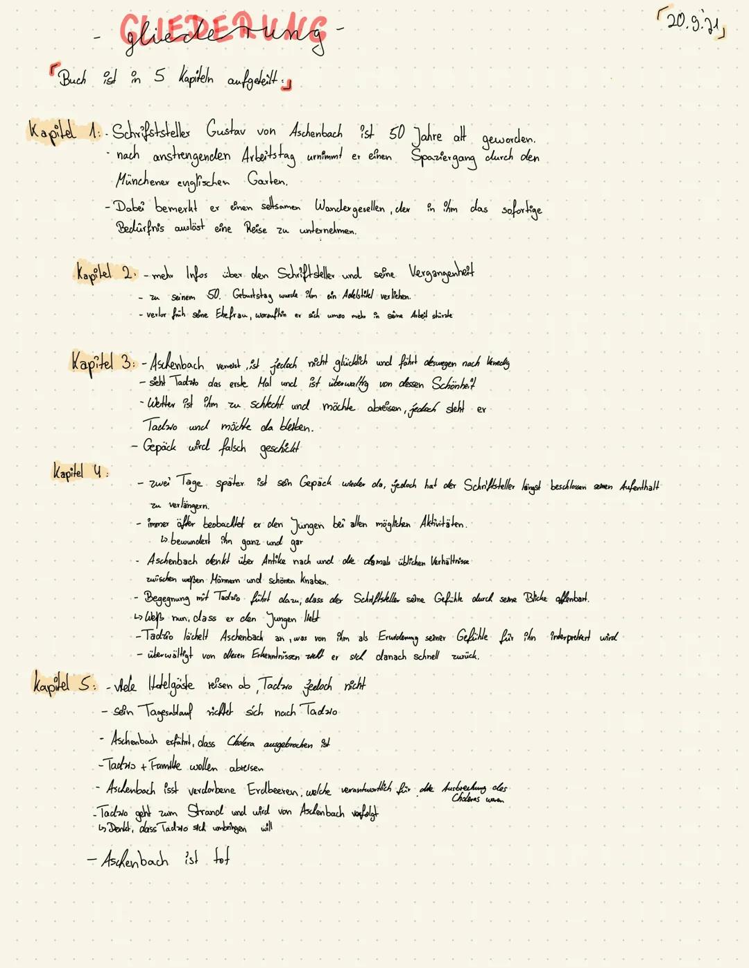 GLEDERUNG
Buch ist in 5 Kapiteln aufgeteilt.
Kapitel 1:- Schriftsteller Gustav von Aschenbach ist 50 Jahre alt geworden.
nach anstrengenden 