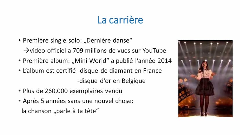 <h3 id="indilalachanteuse">Indila - La Chanteuse</h3>
<p>Indila, également connue sous le nom d'artiste Adila Sedraïa, est une chanteuse fra