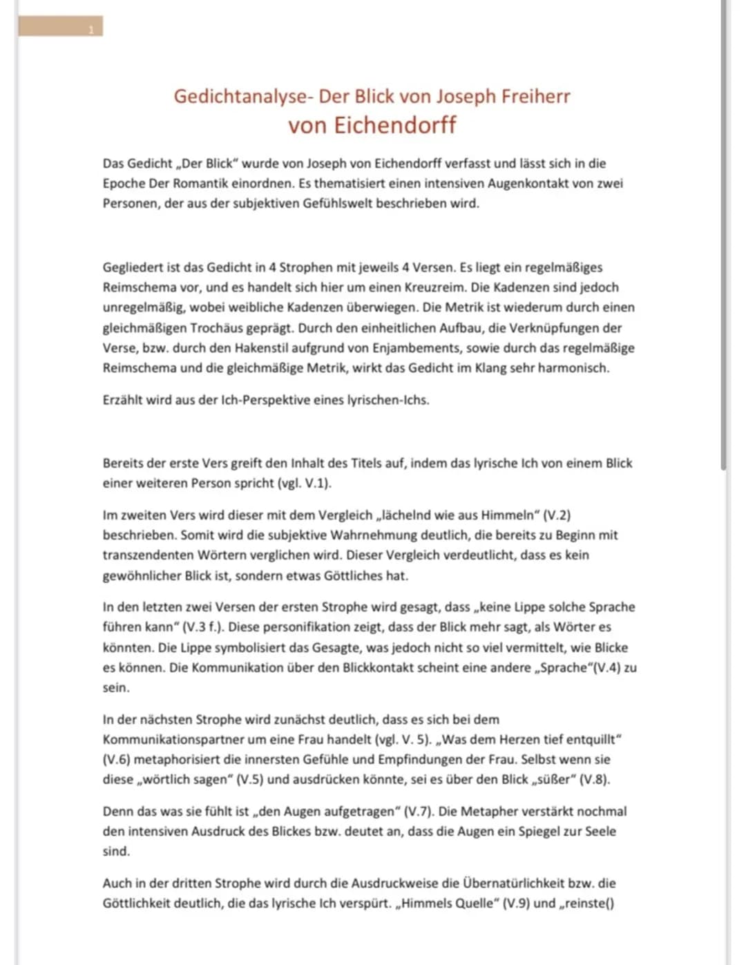 Der Blick - Joseph von Eichendorff: Gedicht, Zusammenfassung und Analyse