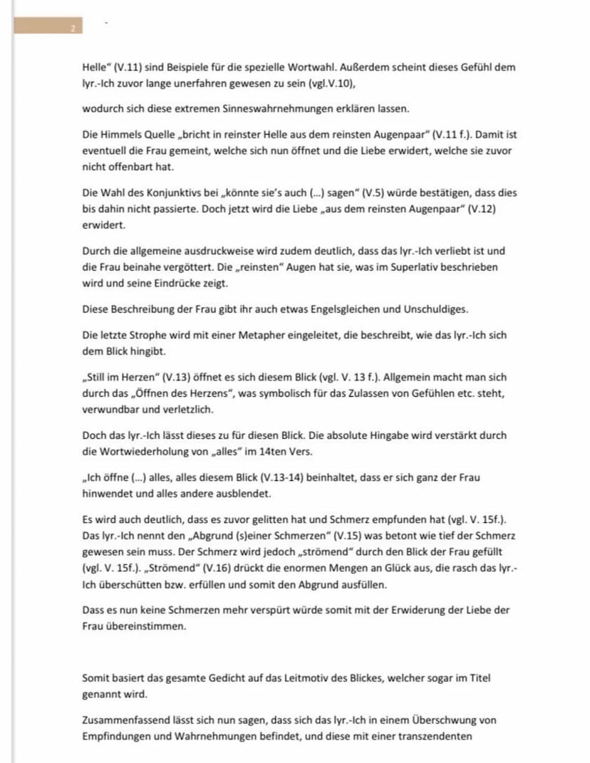 1
Gedichtanalyse- Der Blick von Joseph Freiherr
von Eichendorff
Das Gedicht ,,Der Blick" wurde von Joseph von Eichendorff verfasst und lässt