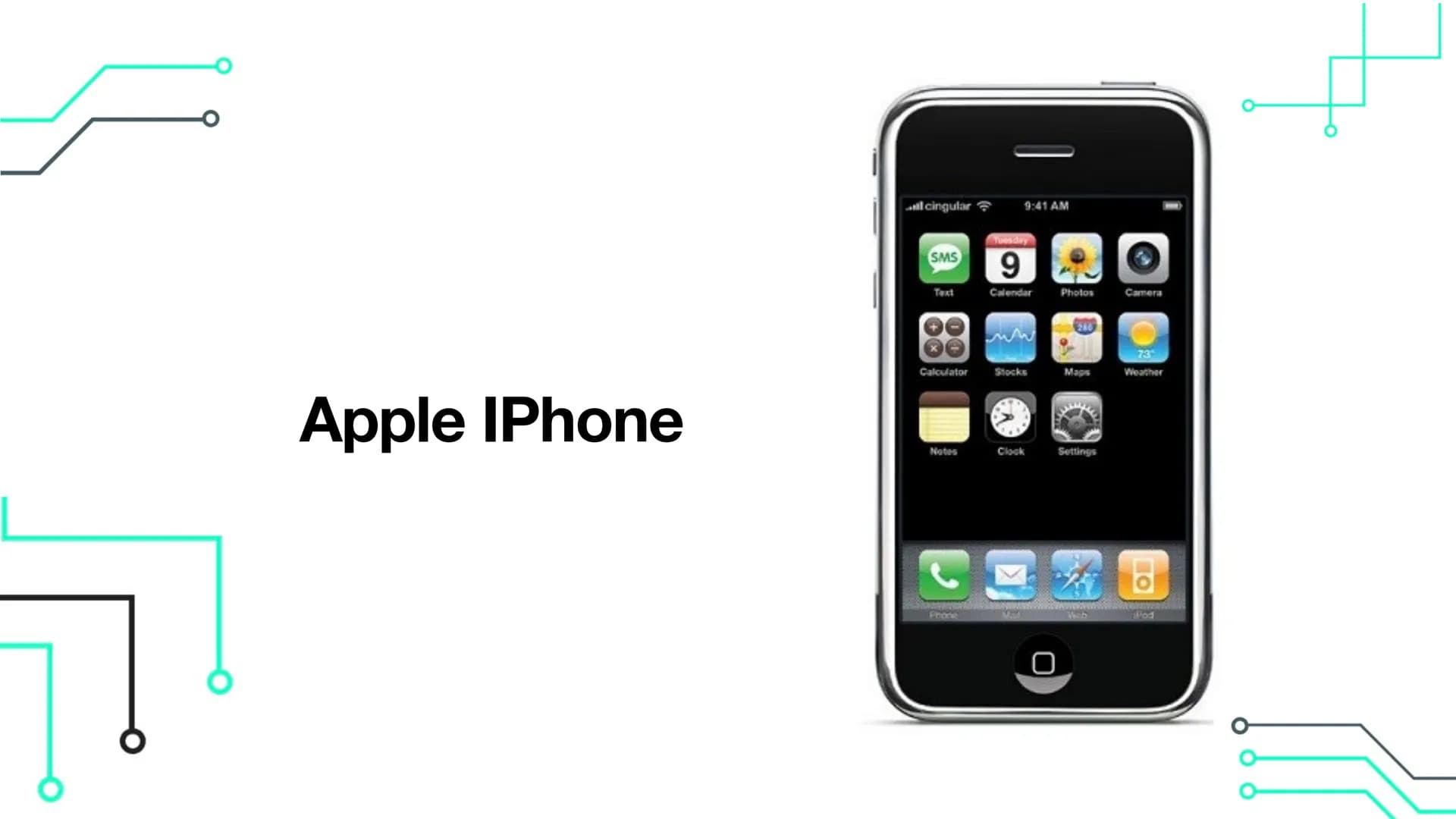 STEVE JOBS
1955-2011
Steve Jobs Apple IPhone
cingular
SMS
Text
9:41 AM
Notes
Tuesday
9
Calendar Photos
Calculator Stocks
Clock
Maps
Settings