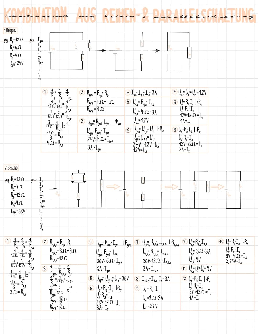 KONDINATION
Consenssion and dessen & DadaccessALTUNG
1.Beispiel
geg: R₁ = 122 ges:
R₂=652
R₂=42
Uges=24V
2. Beispiel
geg: R=122 ges
R₂=42
1
