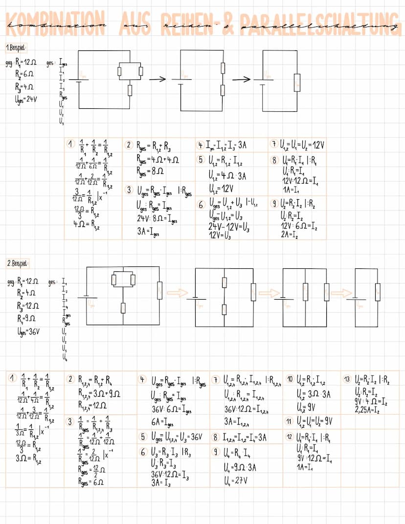KONDINATION
Consenssion and dessen & DadaccessALTUNG
1.Beispiel
geg: R₁ = 122 ges:
R₂=652
R₂=42
Uges=24V
2. Beispiel
geg: R=122 ges
R₂=42
1
