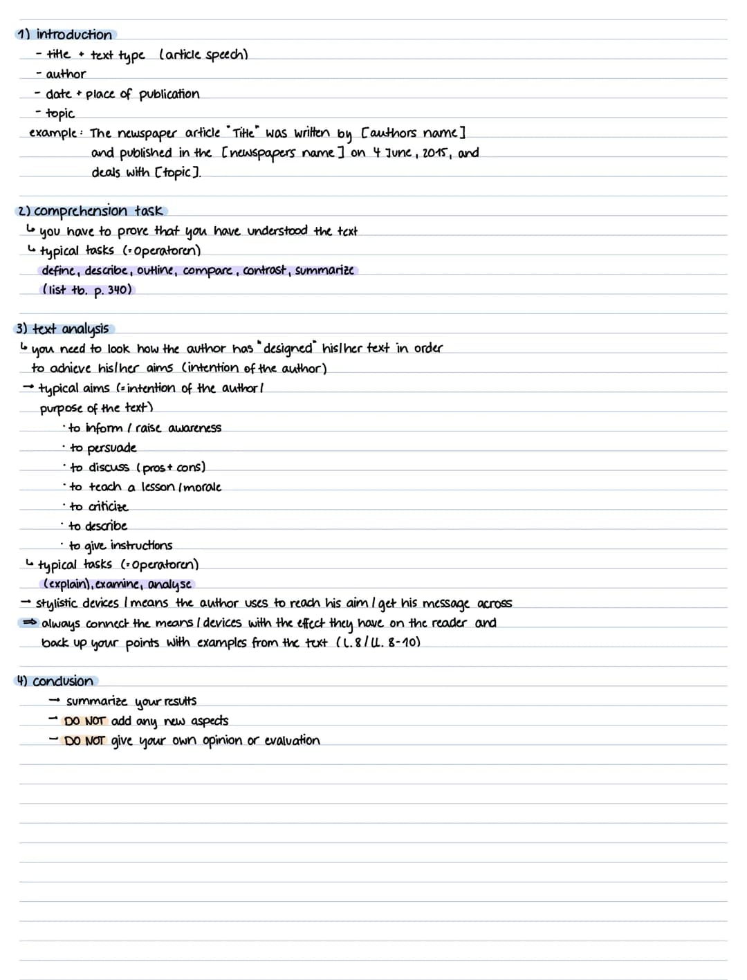 1) introduction
- title + text type (article speech)
-author
- date + place of publication.
- topic
example: The newspaper article "Title" w