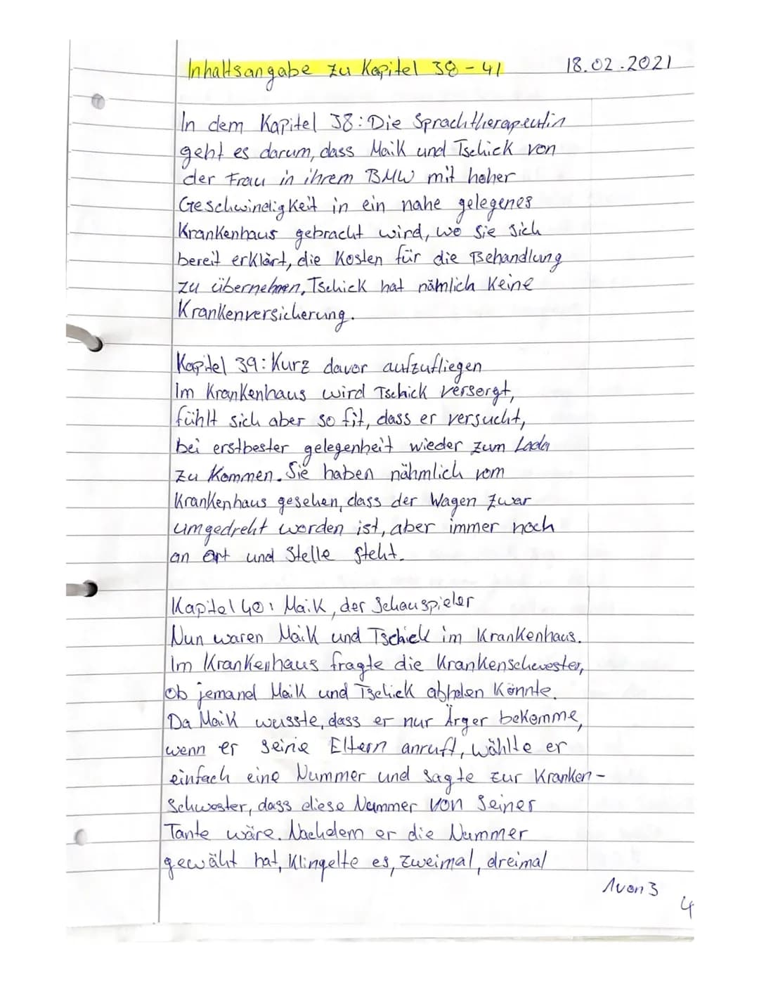 Inhaltsangabe zu Kapitel 38-41
In dem Kapitel 38: Die Sprachtherapentin
geht es darum, dass Maik und Tschick von
der Frau in ihrem BMW mit h