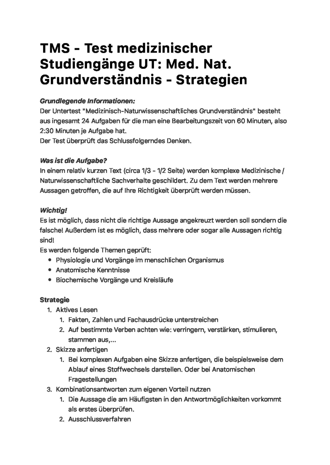 TMS Medizinertest Med Nat Medizinisch Naturwissenschaftliches Grundverständnis