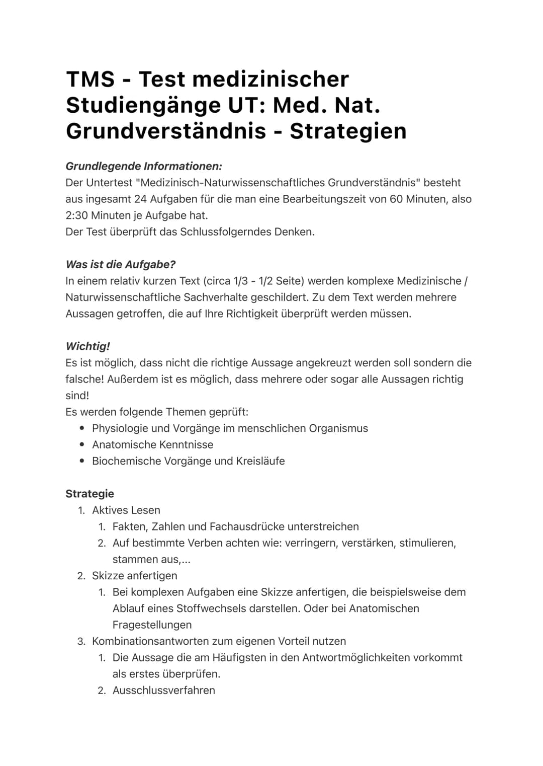 TMS - Test medizinischer
Studiengänge UT: Med. Nat.
Grundverständnis - Strategien
Grundlegende Informationen:
Der Untertest "Medizinisch-Nat