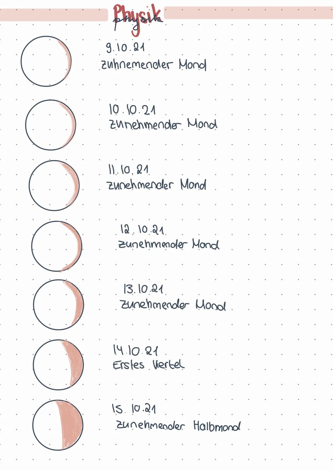 O O O O O
Physik
9.10.21
Zuhnemender Mond
10.10.21
Zunehmender Mond
11.10.21.
zunehmender Mond
12.10.21.
zunehmender Mond
13.10.21
zunehmend