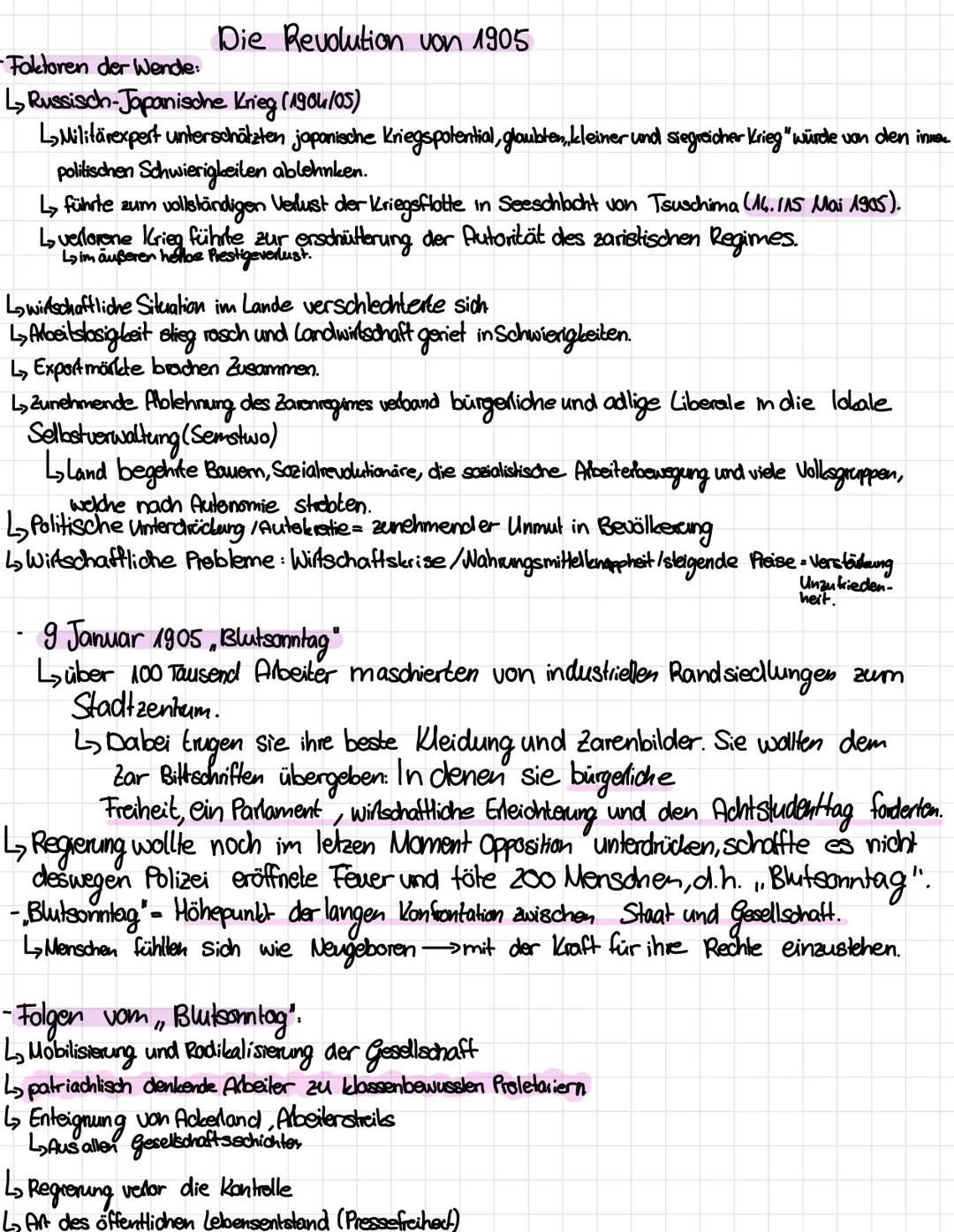 Die Revolution von 1905
-Faktoren der Wende:
↳ Russisch-Japanische Krieg (1904/05)
LMilitärexpert unterschätzten japanische Kriegspotential,