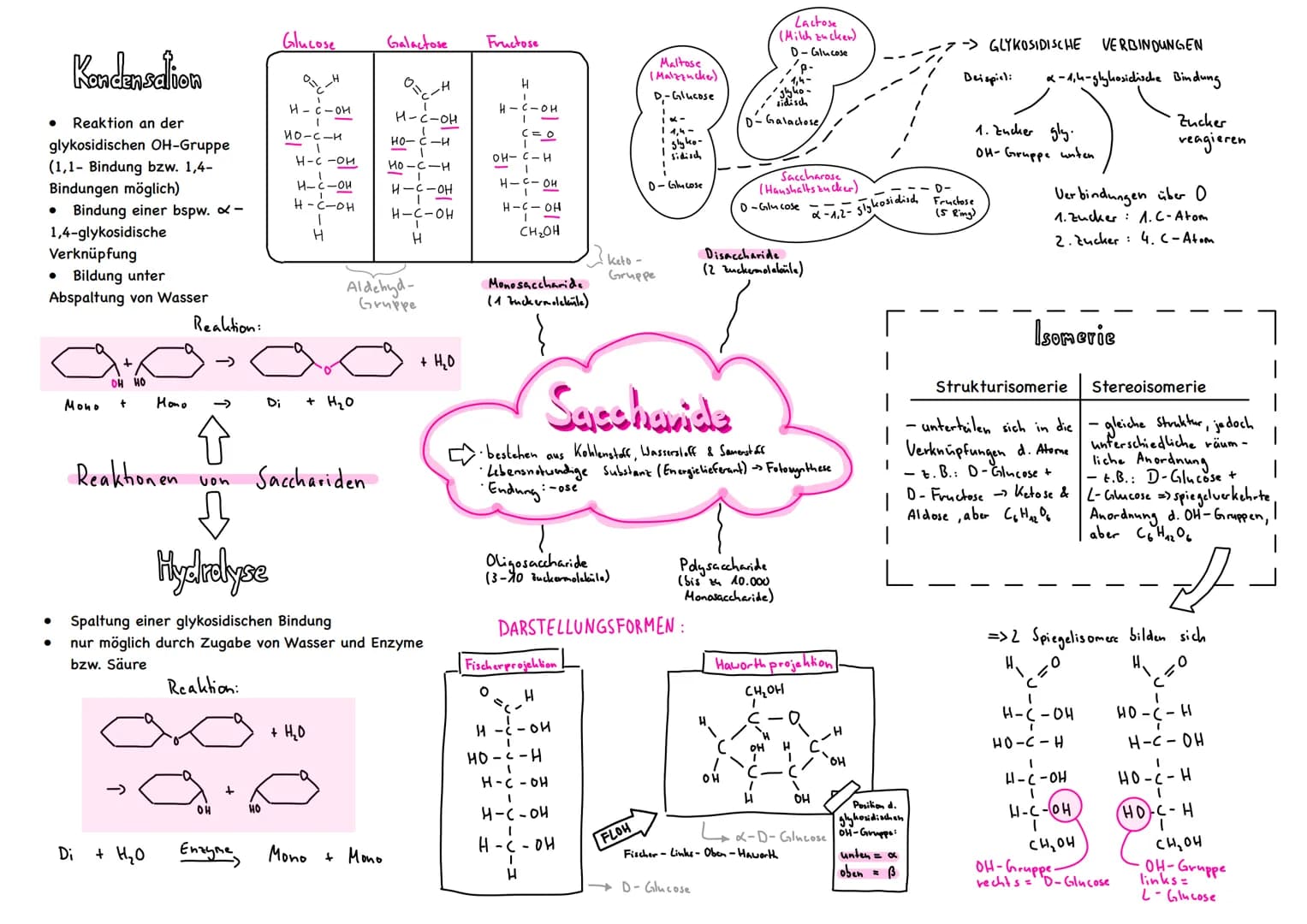 Kondensation
● Reaktion an der
glykosidischen OH-Gruppe
(1,1- Bindung bzw. 1,4-
Bindungen möglich)
●
Bindung einer bspw. -
1,4-glykosidische