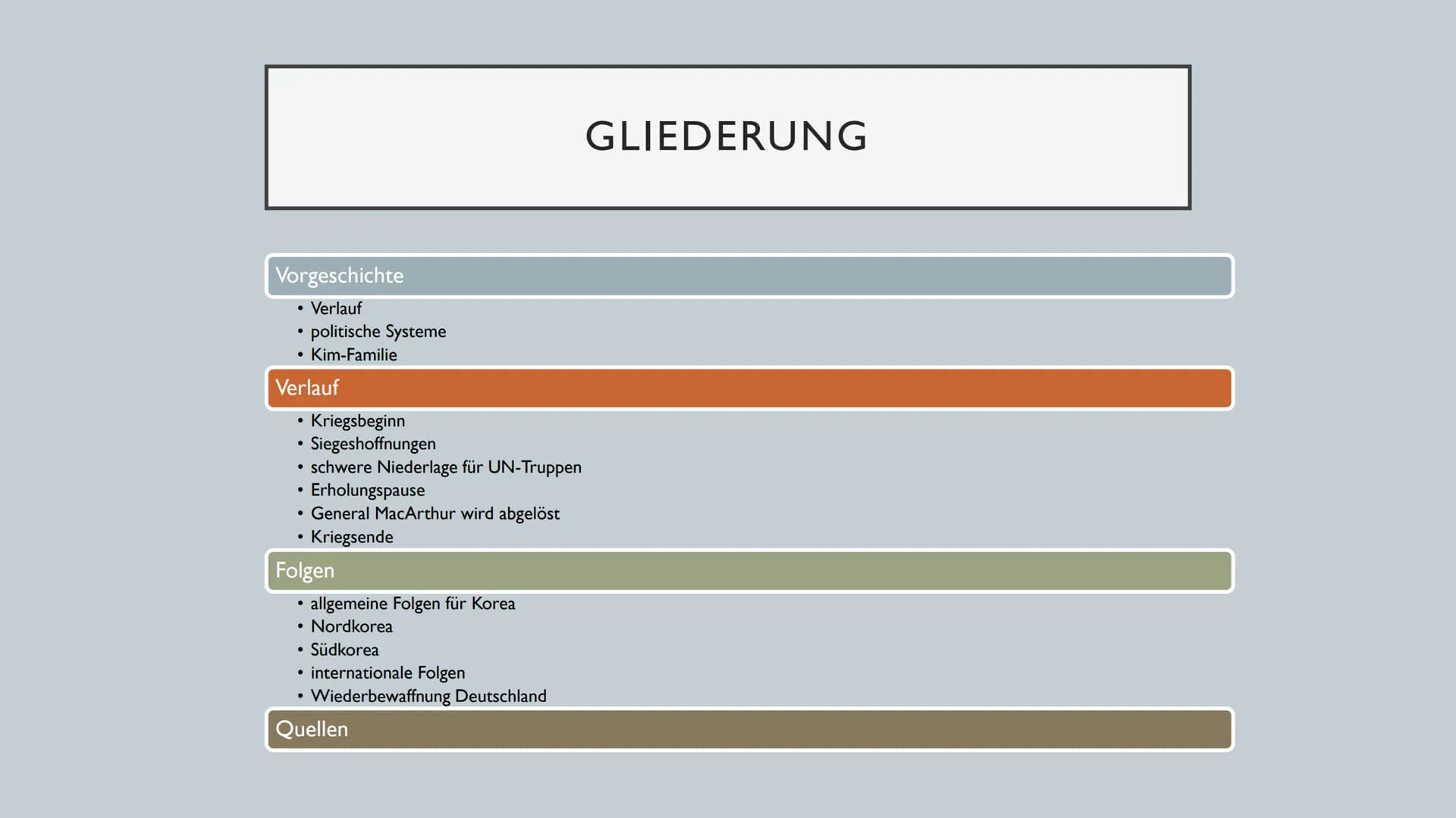 DER KOREAKRIEG Vorgeschichte
• Verlauf
• politische Systeme
• Kim-Familie
Verlauf
Kriegsbeginn
• Siegeshoffnungen
• schwere Niederlage für U