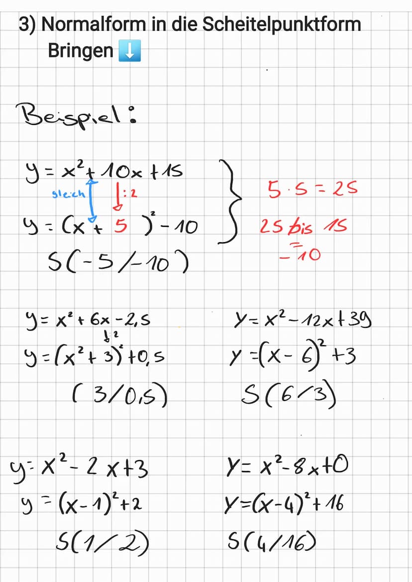 Quadratische Funktionen
und Gleichungen
1)Scheitelpunktform erkennen
Bsp
Y = -(x + 2)²³ +8
:
nach unten getättnet M
S.(-218)
2
nach oben
2 S